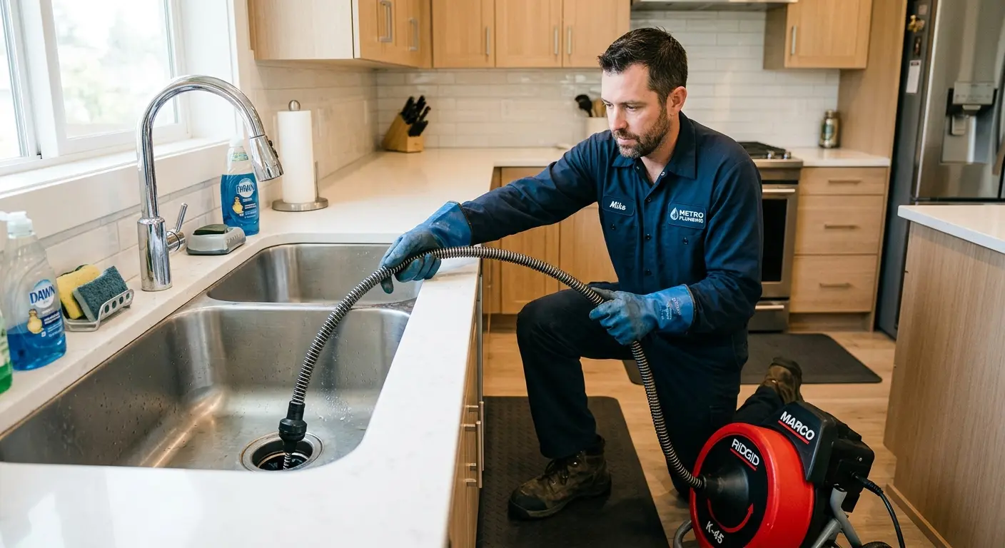 Drain cleaning technician using a motorized snake on a kitchen sink in Chillicothe