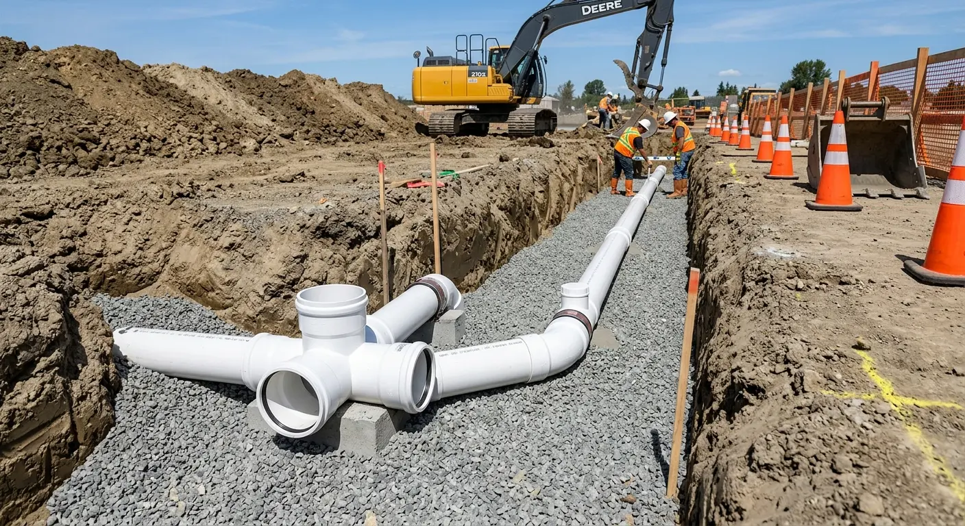 New PVC sewer pipe installation in open trench for Sewer Backup in Chillicothe