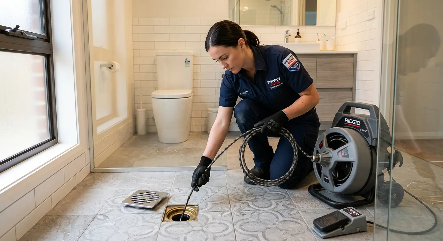 Technician clearing a bathroom floor drain for Sewer Line Replacement in Chillicothe